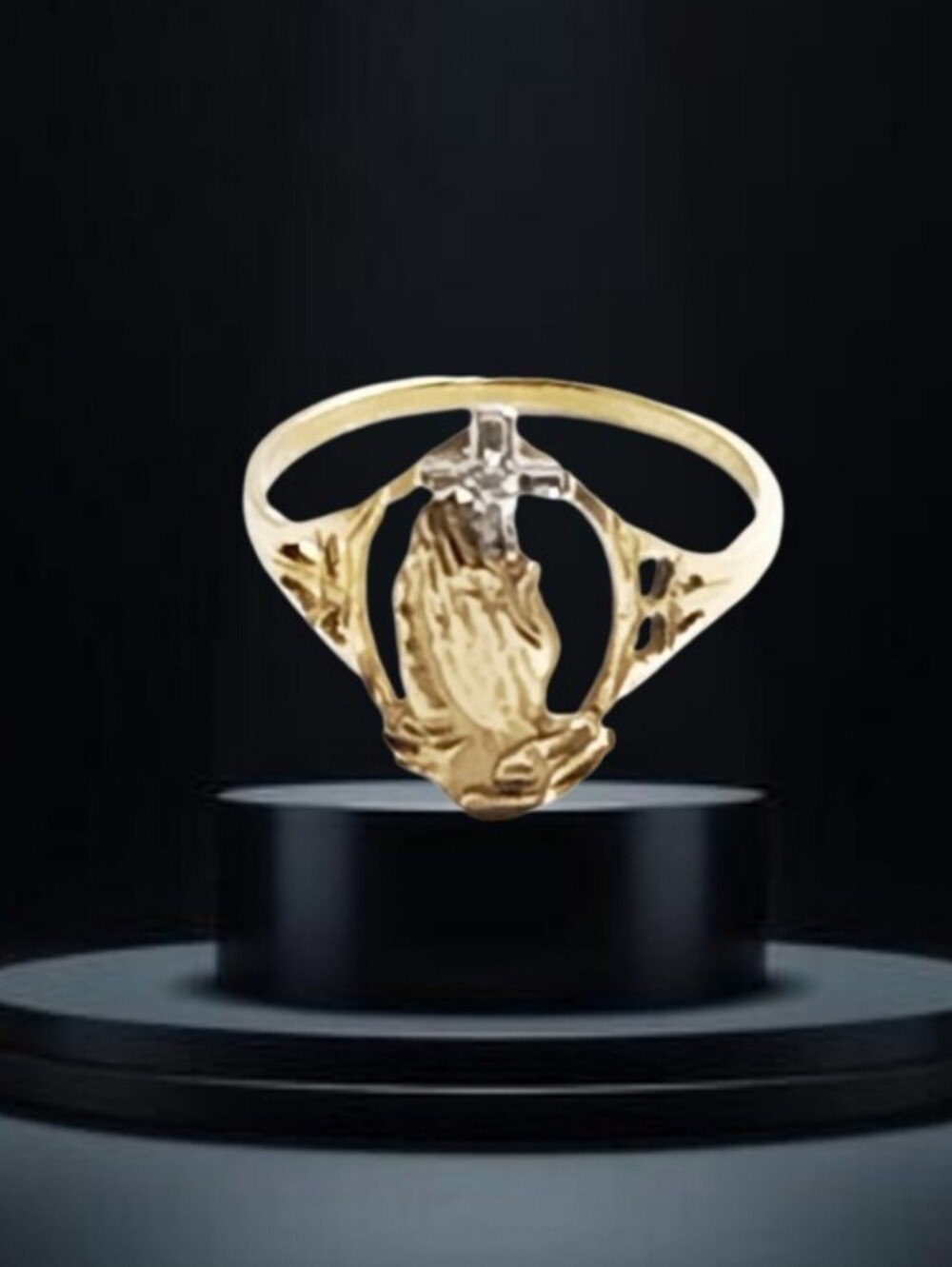 10K Yellow Gold Praying Hands & Cross Religious Ring w/ Clear Stone 1.7g Size 6.
